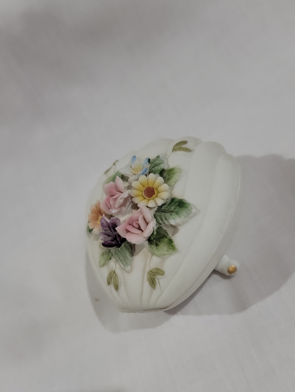 Vintage Lefton White Porcelain Bisque Floral Trinket Box with Pastel Flowers